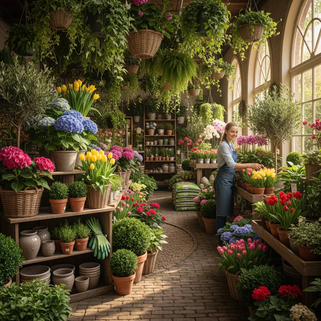 Tuincentrum met planten en gereedschap